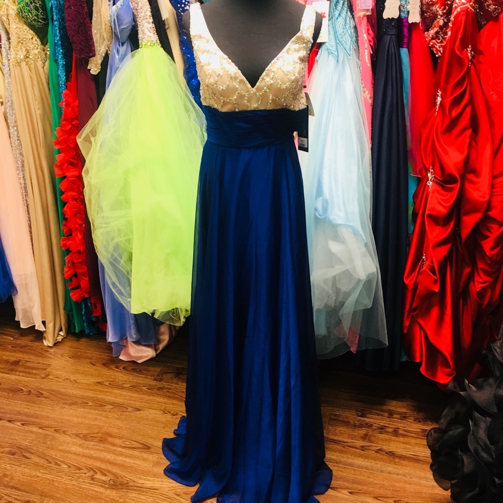 Bicici & Coty Blue Gold Prom Dress Gown XS